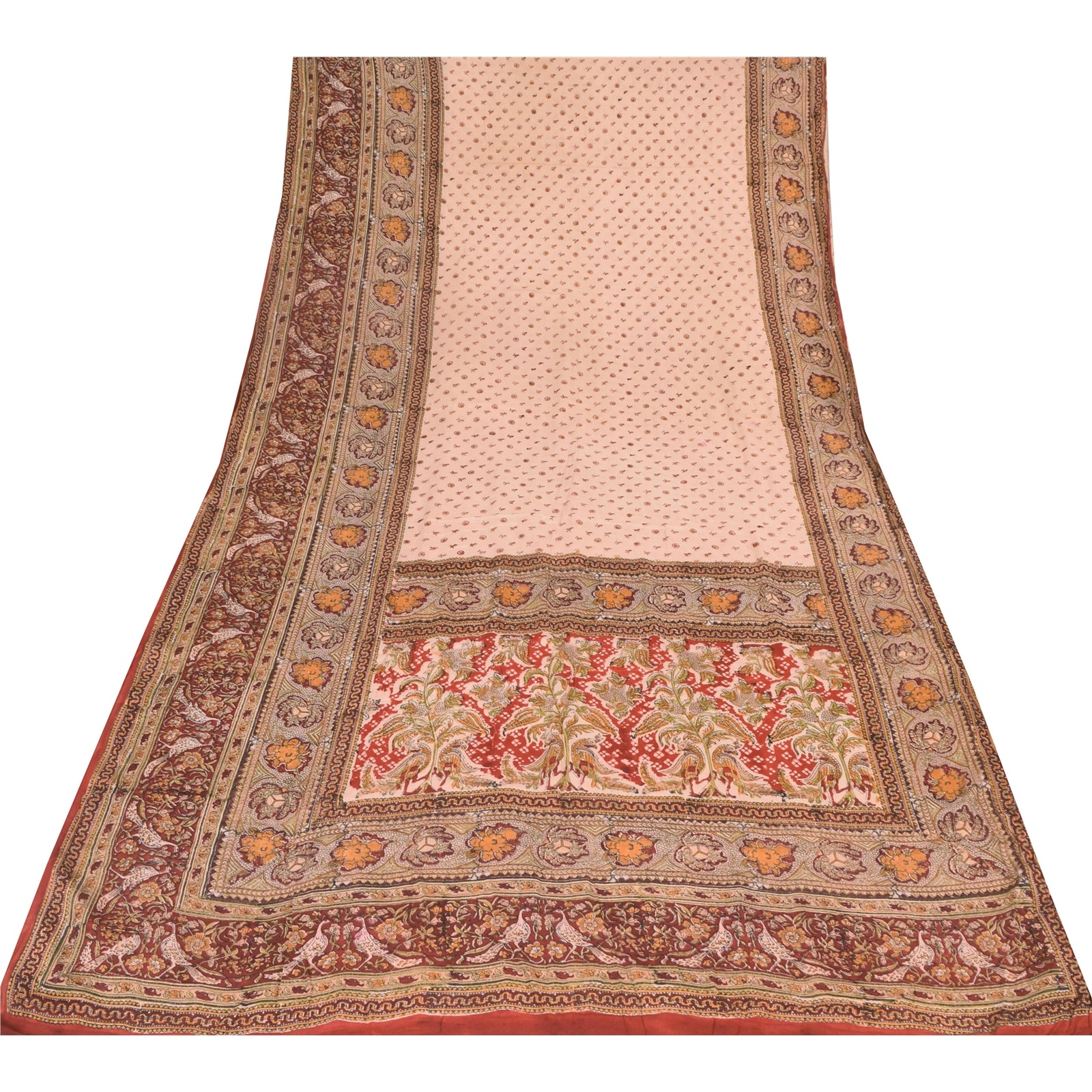 Sanskriti Vintage Sarees Peach Hand Block Printed Pure Crepe Silk Sari Sustainable Fabric