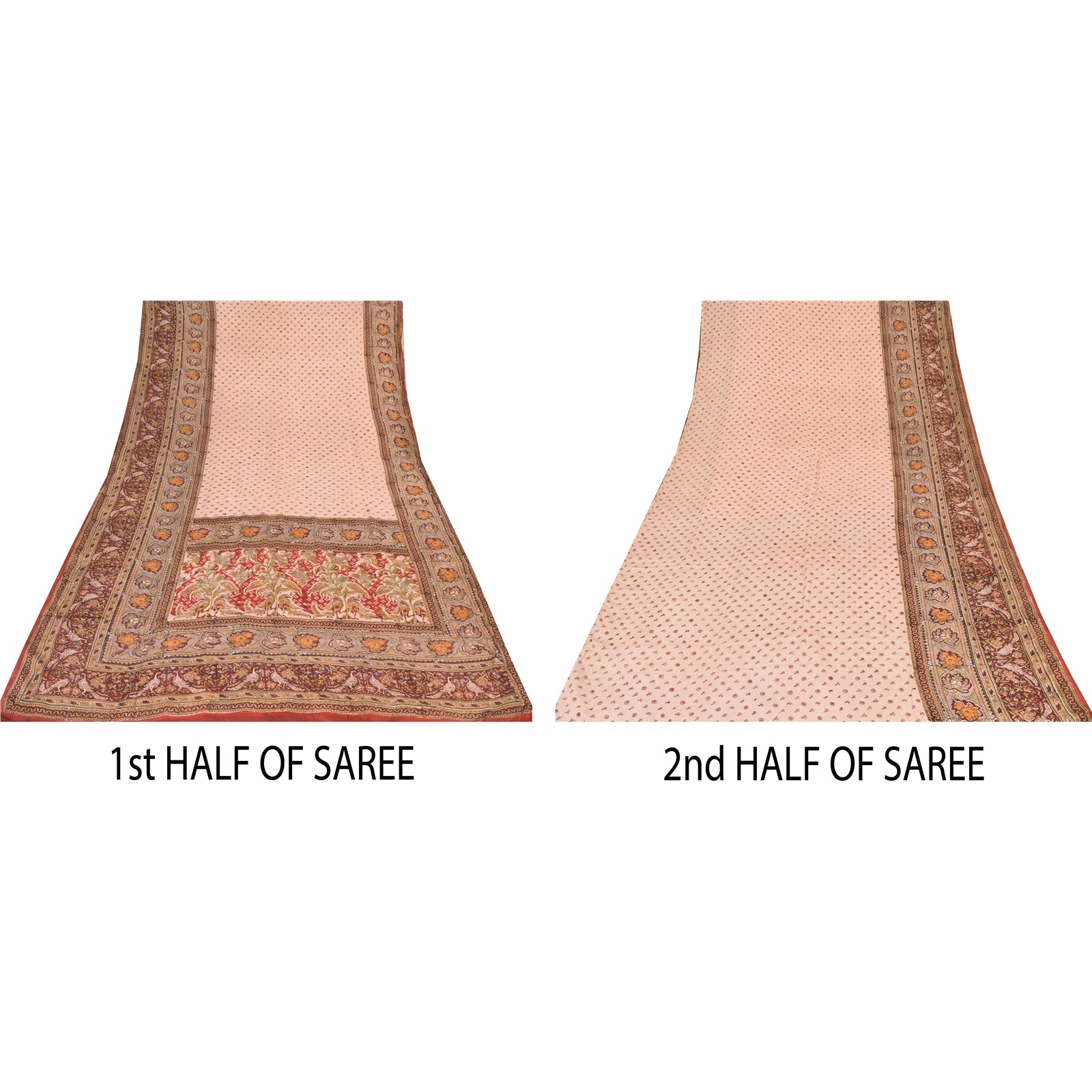 Sanskriti Vintage Sarees Peach Hand Block Printed Pure Crepe Silk Sari Sustainable Fabric