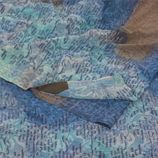 Sanskriti Vintage Sarees Blue/Brown Pure Crepe Silk Print Sari 5+yd Craft Sustainable Fabric