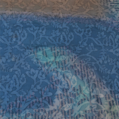 Sanskriti Vintage Sarier Blå/Brun Sari i Ren Crepe Silke Print, 5+ yards Håndværksmæssigt Bæredygtigt Stoff