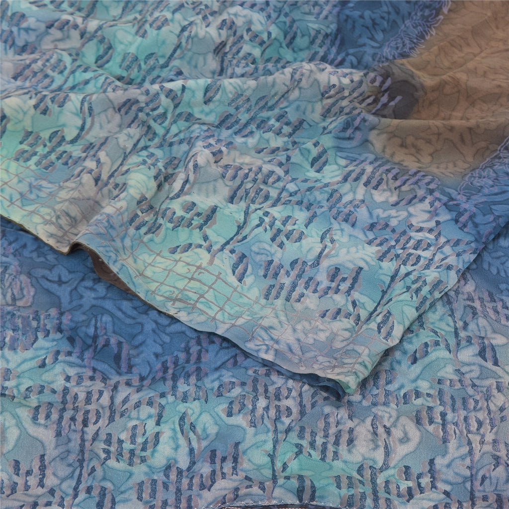 Sanskriti Vintage Sarier Blå/Brun Sari i Ren Crepe Silke Print, 5+ yards Håndværksmæssigt Bæredygtigt Stoff