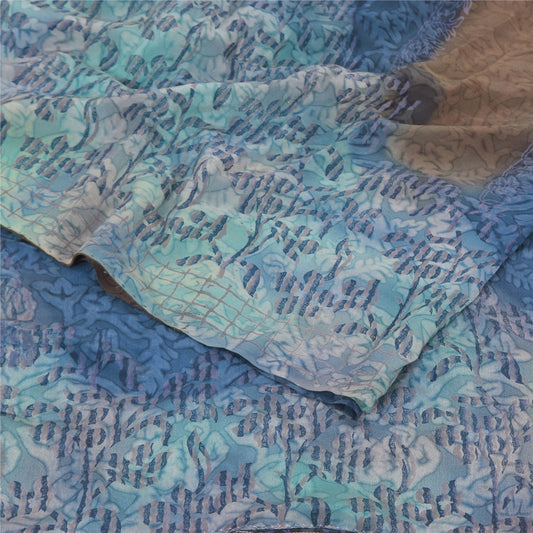 Sanskriti Vintage Sarees Blue/Brown Pure Crepe Silk Print Sari 5+yd Craft Sustainable Fabric