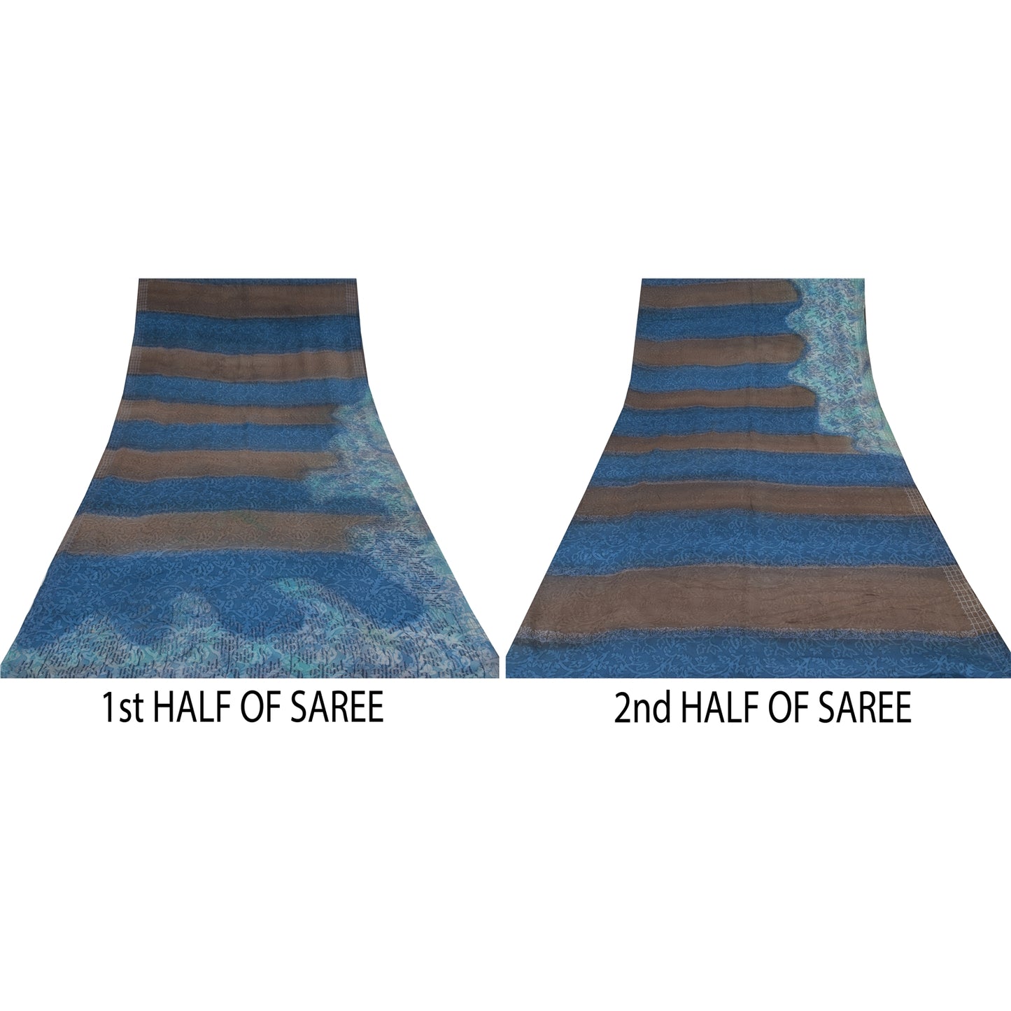 Sanskriti Vintage Sarier Blå/Brun Sari i Ren Crepe Silke Print, 5+ yards Håndværksmæssigt Bæredygtigt Stoff