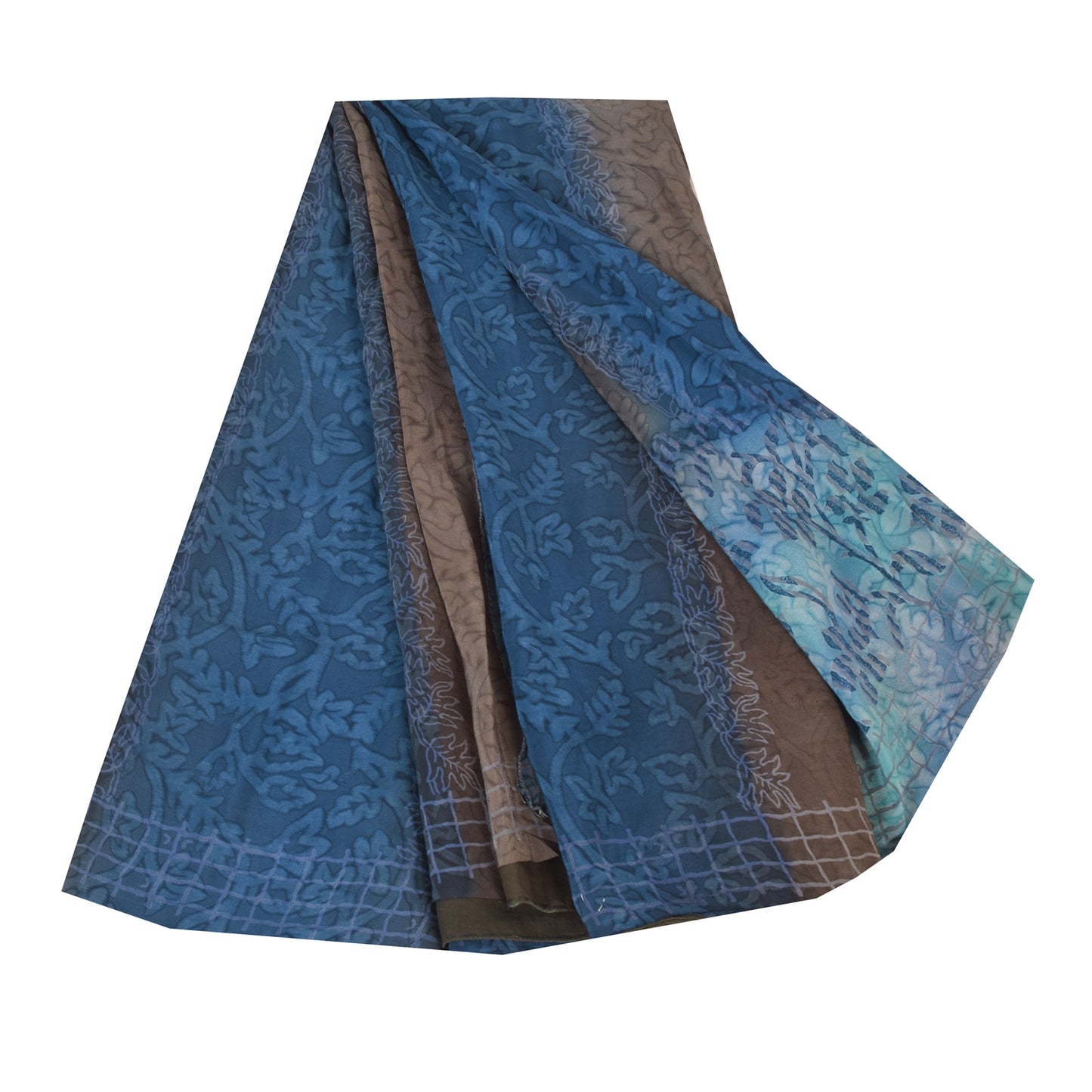 Sanskriti Vintage Sarier Blå/Brun Sari i Ren Crepe Silke Print, 5+ yards Håndværksmæssigt Bæredygtigt Stoff