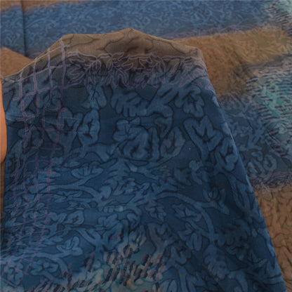 Sanskriti Vintage Sarier Blå/Brun Sari i Ren Crepe Silke Print, 5+ yards Håndværksmæssigt Bæredygtigt Stoff