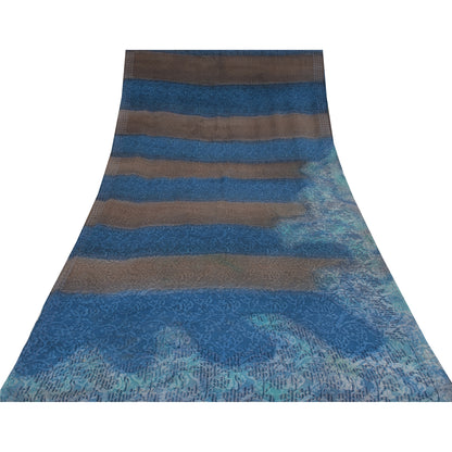 Sanskriti Vintage Sarier Blå/Brun Sari i Ren Crepe Silke Print, 5+ yards Håndværksmæssigt Bæredygtigt Stoff