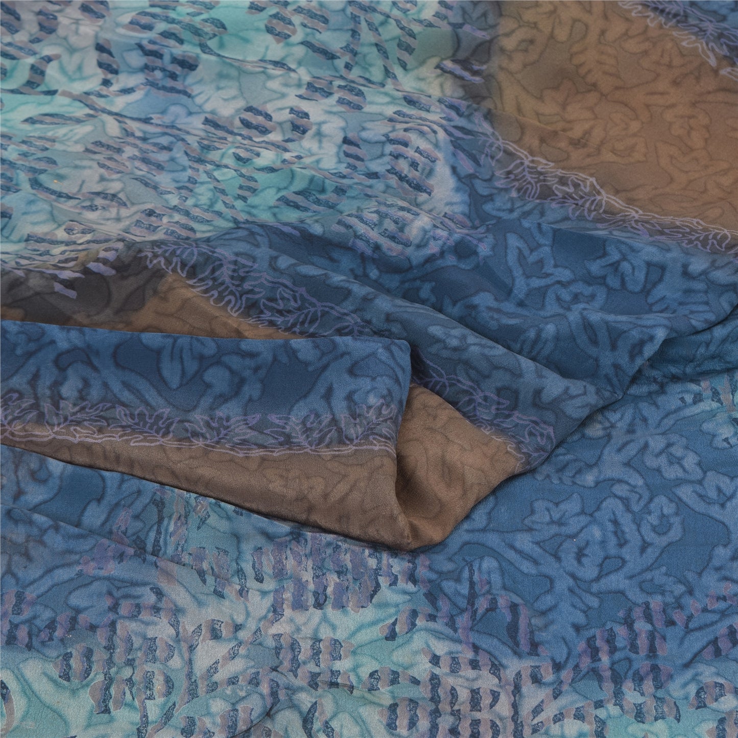 Sanskriti Vintage Sarier Blå/Brun Sari i Ren Crepe Silke Print, 5+ yards Håndværksmæssigt Bæredygtigt Stoff