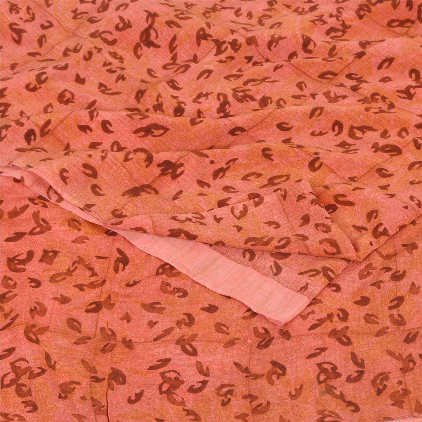 Sanskriti Vintage Sarees Peach Pure Crepe Silk Printed Sari 5+yd Craft Sustainable Fabric