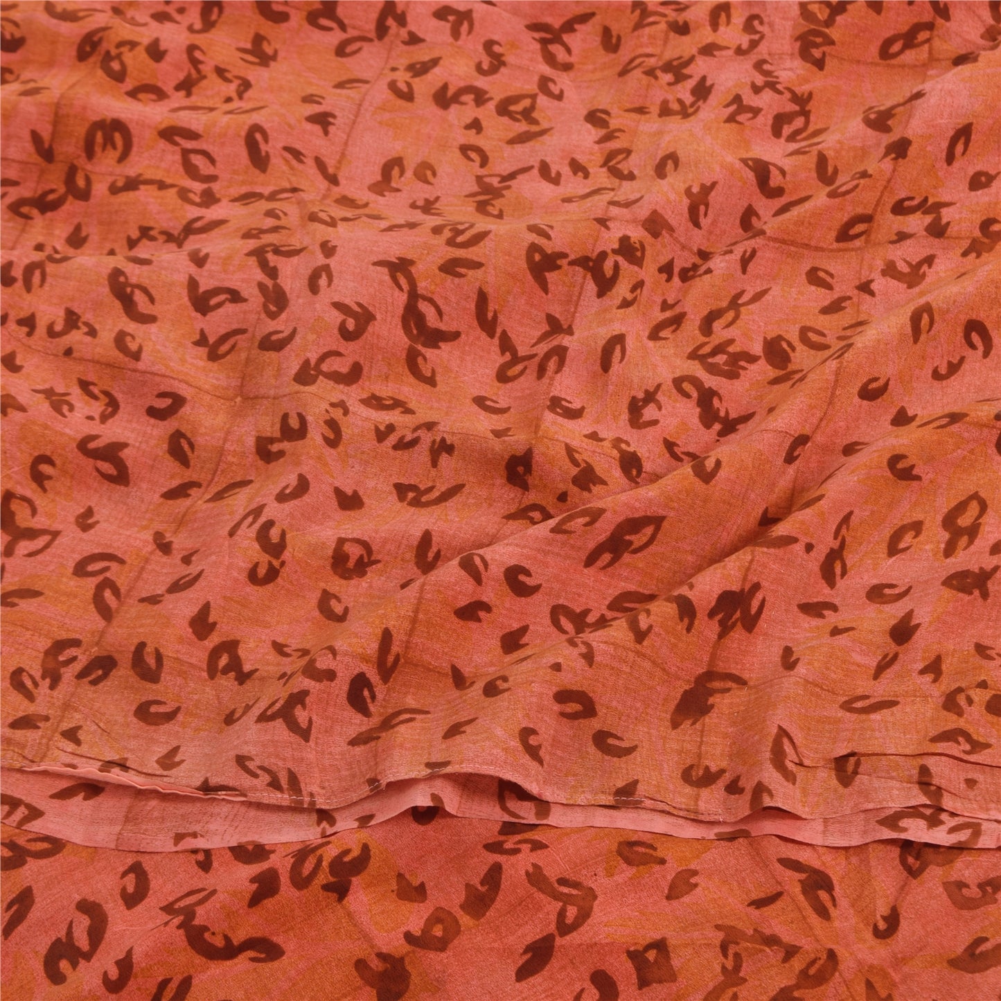 Sanskriti Vintage Sarees Peach Pure Crepe Silk Printed Sari 5+yd Craft Sustainable Fabric