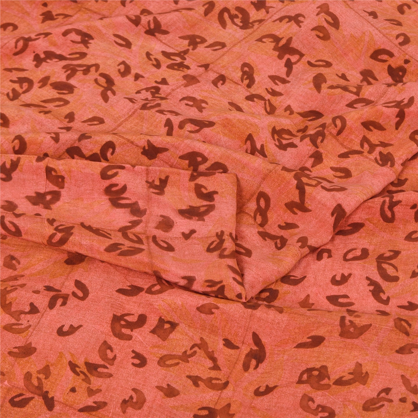 Sanskriti Vintage Sarees Peach Pure Crepe Silk Printed Sari 5+yd Craft Sustainable Fabric