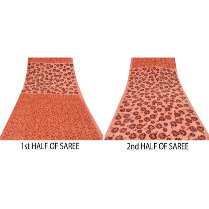 Sanskriti Vintage Sarees Peach Pure Crepe Silk Printed Sari 5+yd Craft Sustainable Fabric