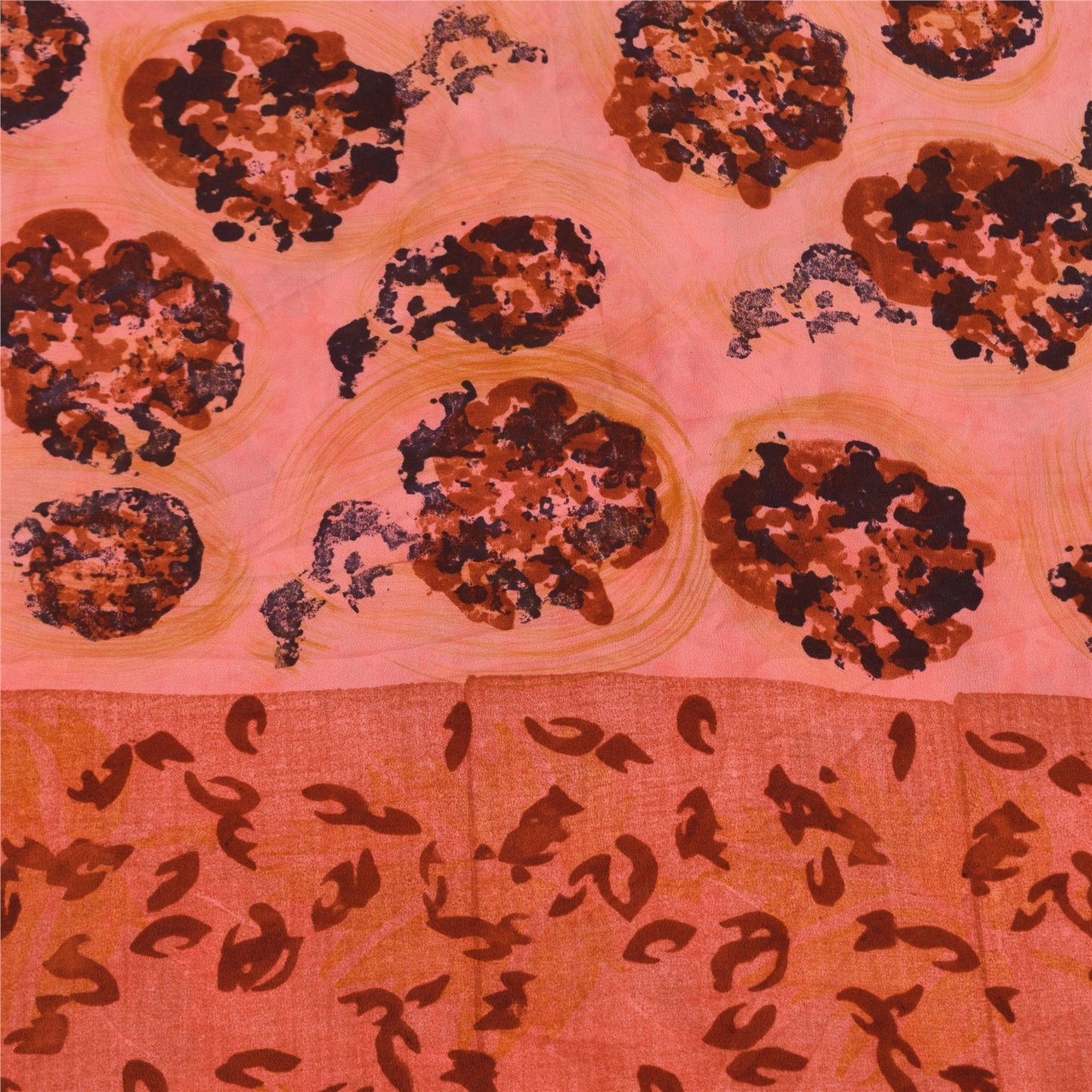Sanskriti Vintage Sarees Peach Pure Crepe Silk Printed Sari 5+yd Craft Sustainable Fabric