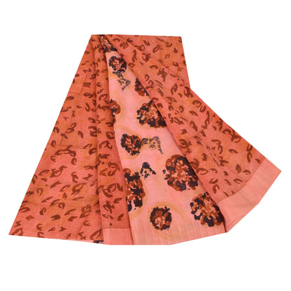 Sanskriti Vintage Sarees Peach Pure Crepe Silk Printed Sari 5+yd Craft Sustainable Fabric