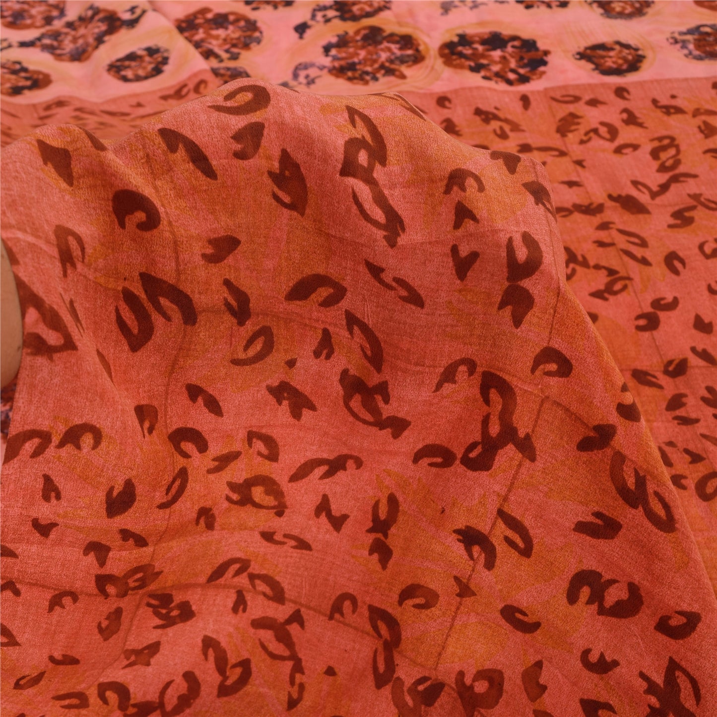 Sanskriti Vintage Sarees Peach Pure Crepe Silk Printed Sari 5+yd Craft Sustainable Fabric