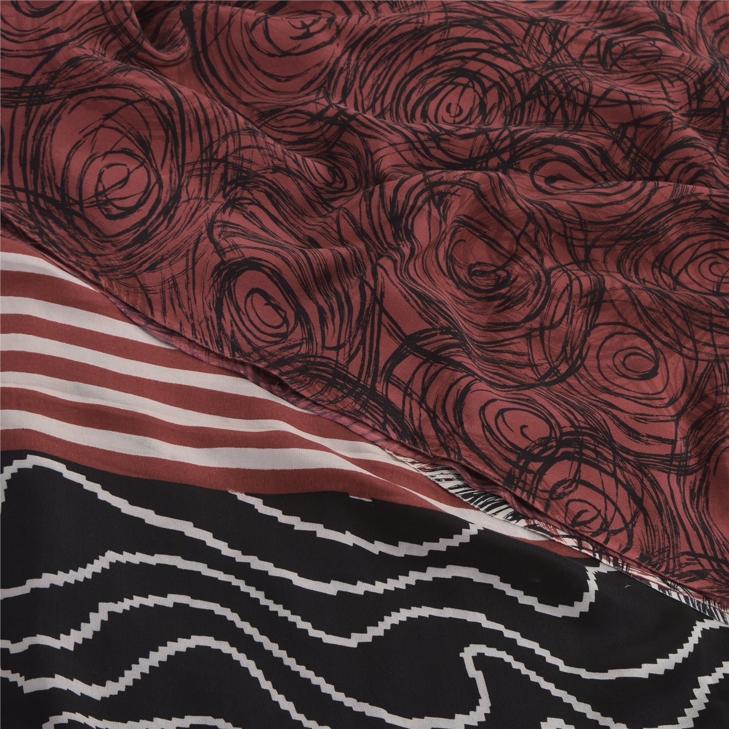 Sanskriti Vintage Sarees Red/Ivory Pure Crepe Silk Print Sari 5+yd Craft Sustainable Fabric