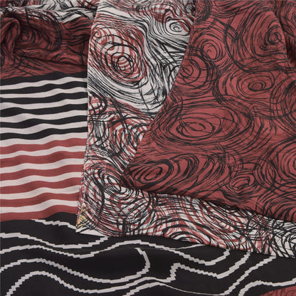 Sanskriti Vintage Sarees Red/Ivory Pure Crepe Silk Print Sari 5+yd Craft Sustainable Fabric