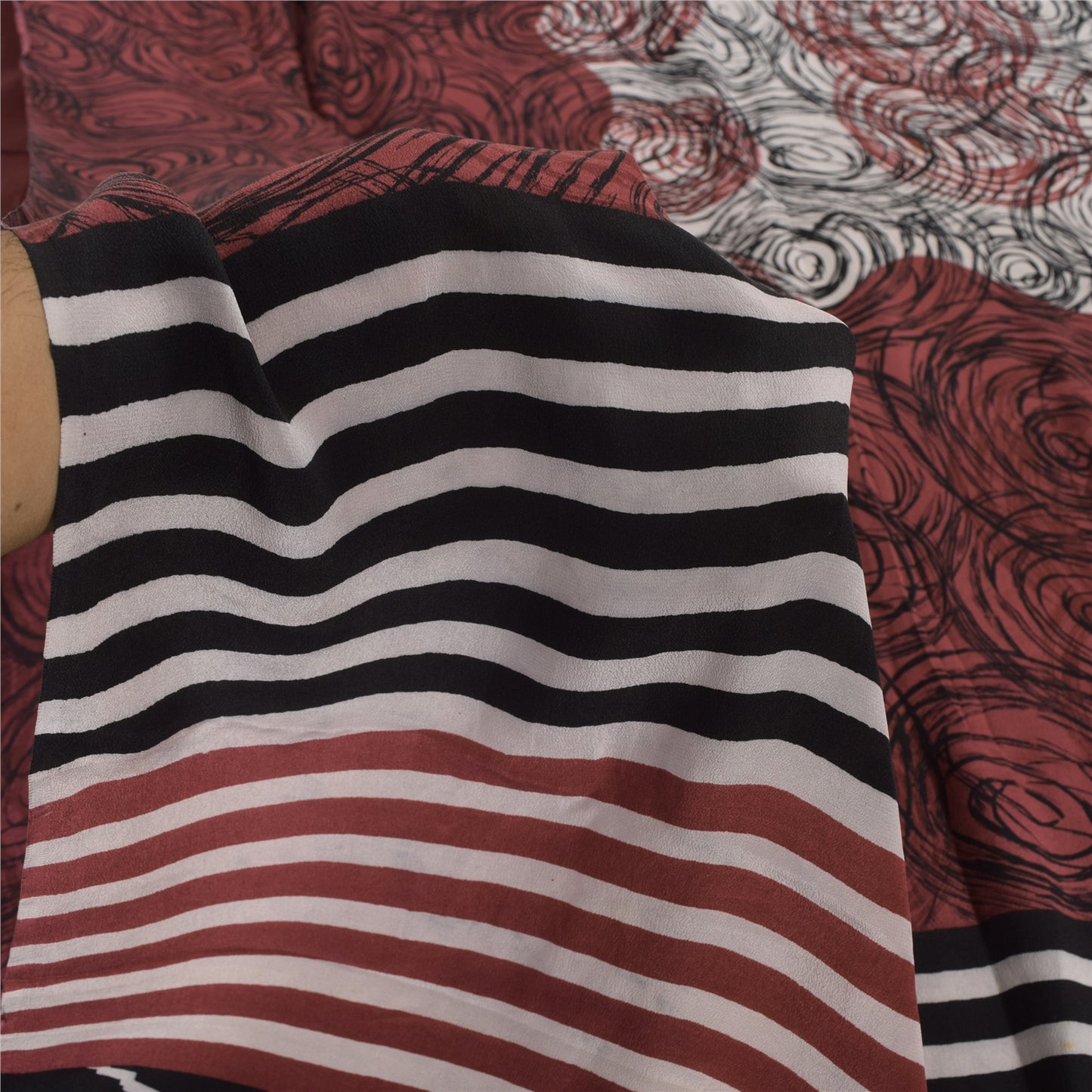 Sanskriti Vintage Sarees Red/Ivory Pure Crepe Silk Print Sari 5+yd Craft Sustainable Fabric