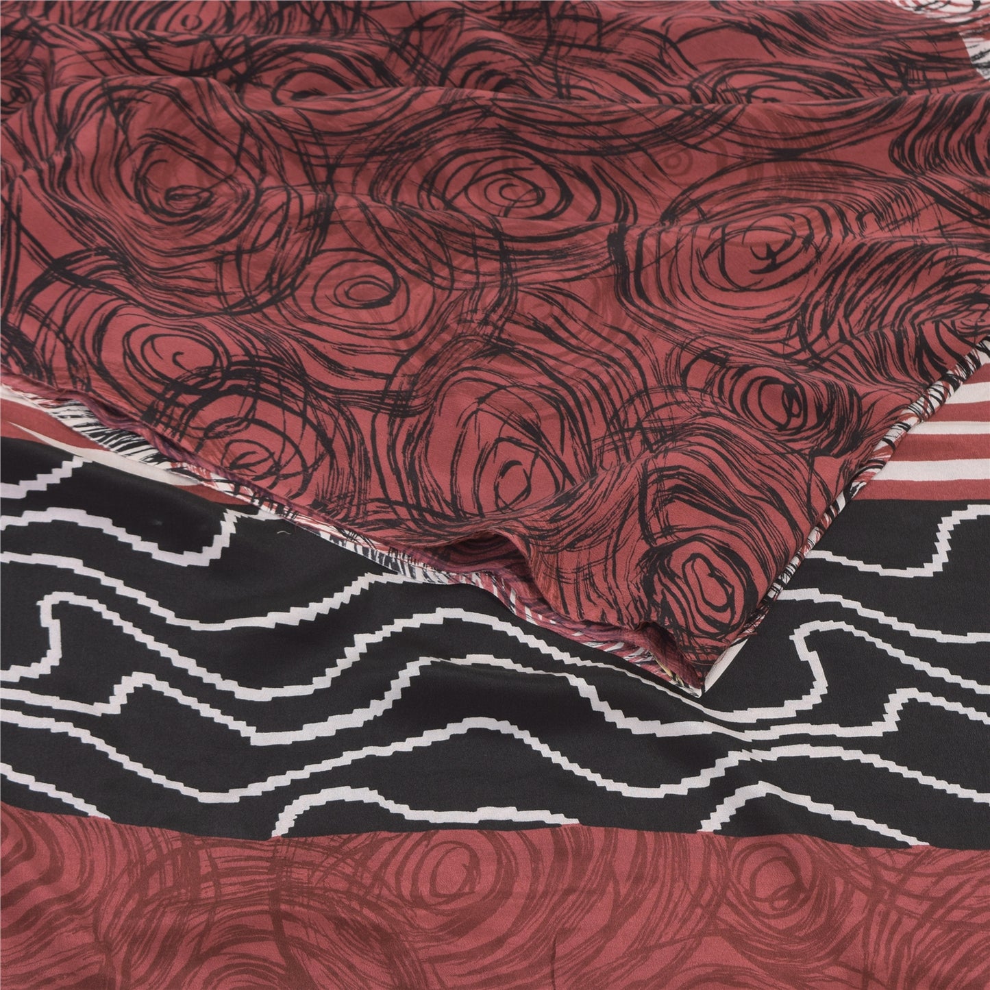 Sanskriti Vintage Sarees Red/Ivory Pure Crepe Silk Print Sari 5+yd Craft Sustainable Fabric