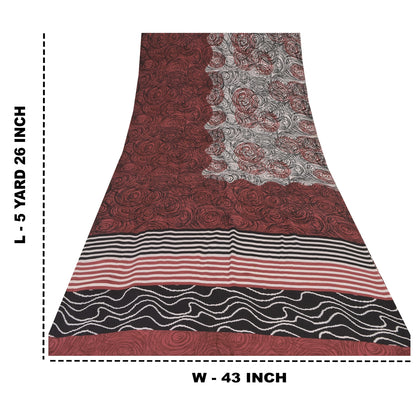 Sanskriti Vintage Sarees Red/Ivory Pure Crepe Silk Print Sari 5+yd Craft Sustainable Fabric