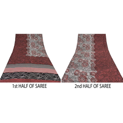 Sanskriti Vintage Sarees Red/Ivory Pure Crepe Silk Print Sari 5+yd Craft Sustainable Fabric