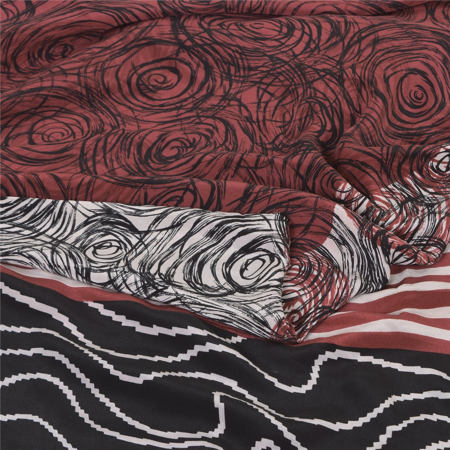 Sanskriti Vintage Sarees Red/Ivory Pure Crepe Silk Print Sari 5+yd Craft Sustainable Fabric