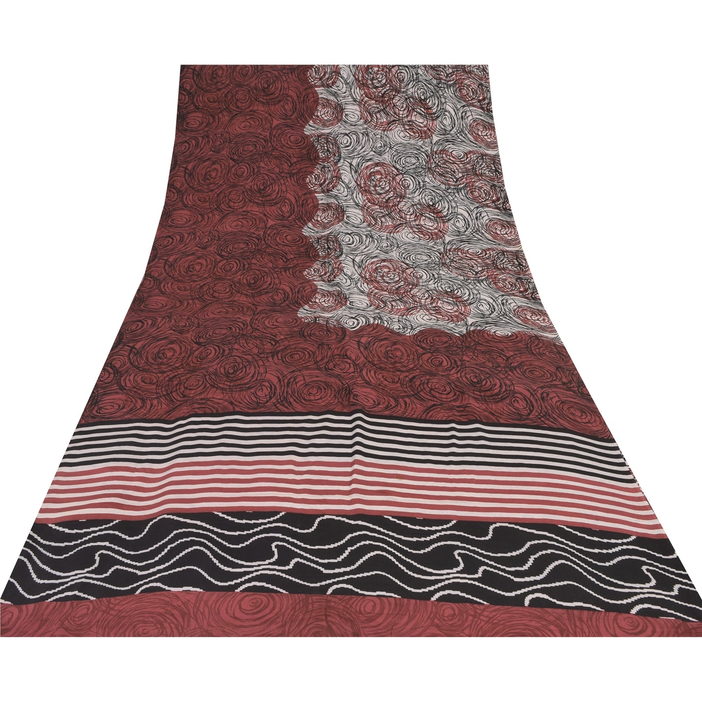 Sanskriti Vintage Sarees Red/Ivory Pure Crepe Silk Print Sari 5+yd Craft Sustainable Fabric