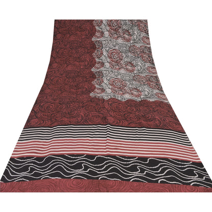 Sanskriti Vintage Sarees Red/Ivory Pure Crepe Silk Print Sari 5+yd Craft Sustainable Fabric