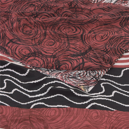 Sanskriti Vintage Sarees Red/Ivory Pure Crepe Silk Print Sari 5+yd Craft Sustainable Fabric