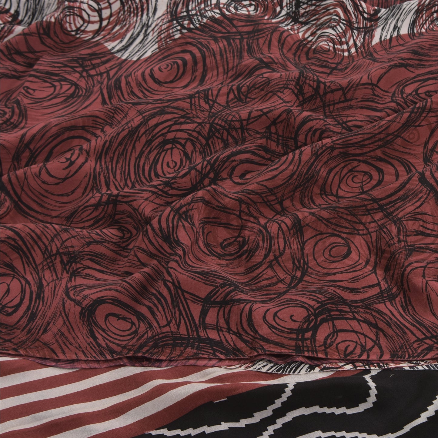 Sanskriti Vintage Sarees Red/Ivory Pure Crepe Silk Print Sari 5+yd Craft Sustainable Fabric