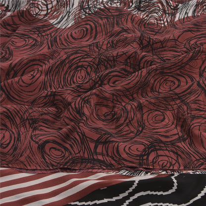 Sanskriti Vintage Sarees Red/Ivory Pure Crepe Silk Print Sari 5+yd Craft Sustainable Fabric