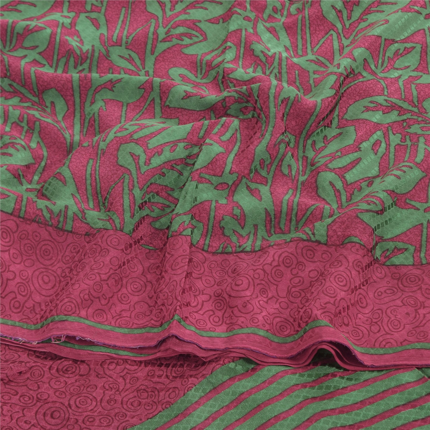 Sanskriti Vintage Sarees Red/Green Pure Crepe Silk Print Sari 5+yd Craft Sustainable Fabric