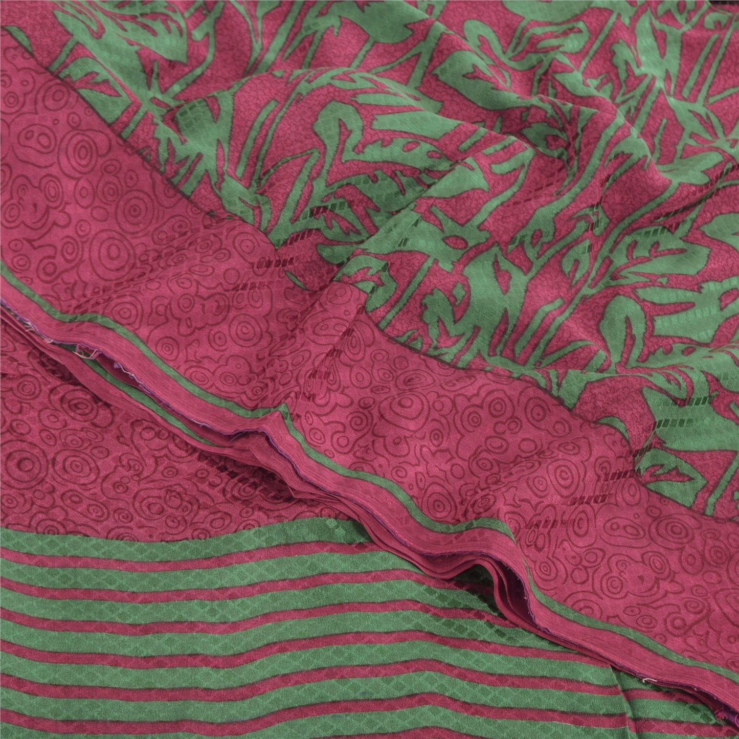 Sanskriti Vintage Sarees Red/Green Pure Crepe Silk Print Sari 5+yd Craft Sustainable Fabric