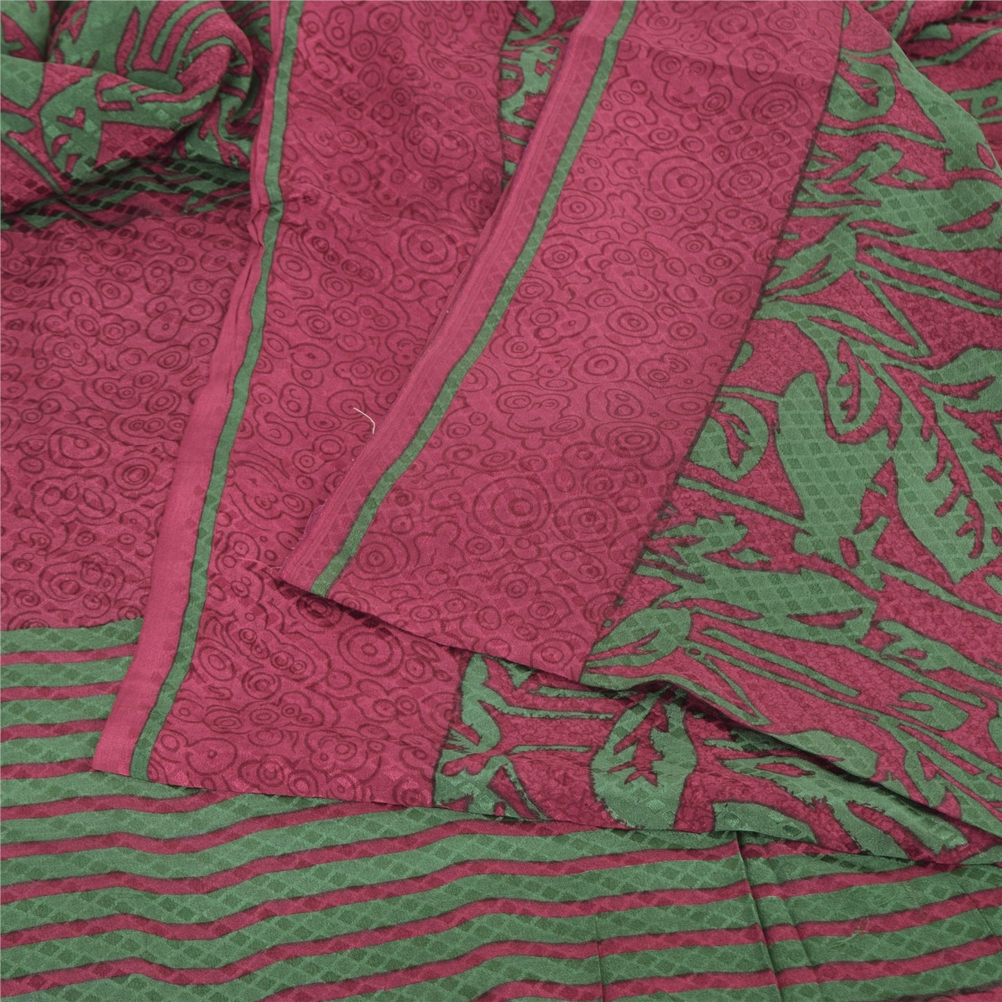 Sanskriti Vintage Sarees Red/Green Pure Crepe Silk Print Sari 5+yd Craft Sustainable Fabric