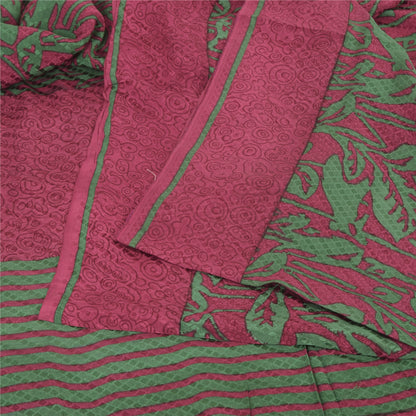 Sanskriti Vintage Sarees Red/Green Pure Crepe Silk Print Sari 5+yd Craft Sustainable Fabric