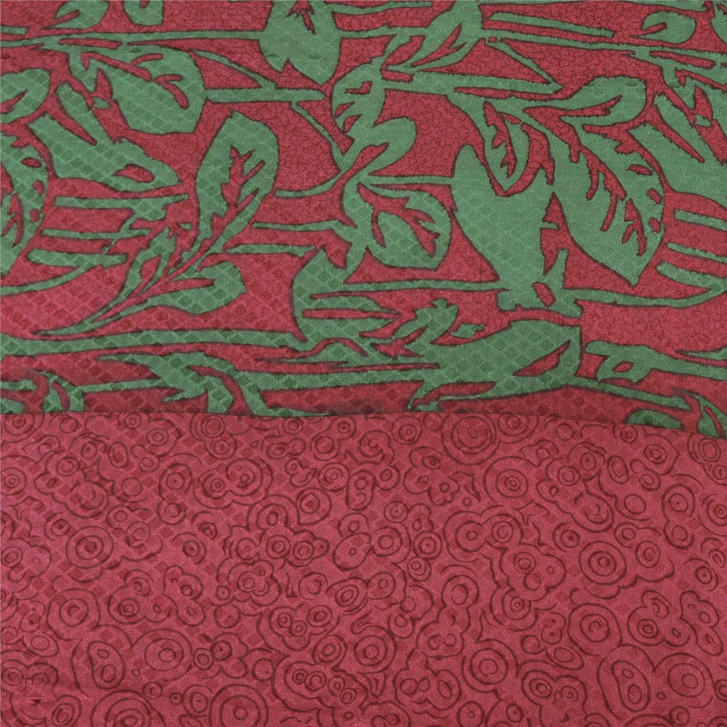 Sanskriti Vintage Sarees Red/Green Pure Crepe Silk Print Sari 5+yd Craft Sustainable Fabric