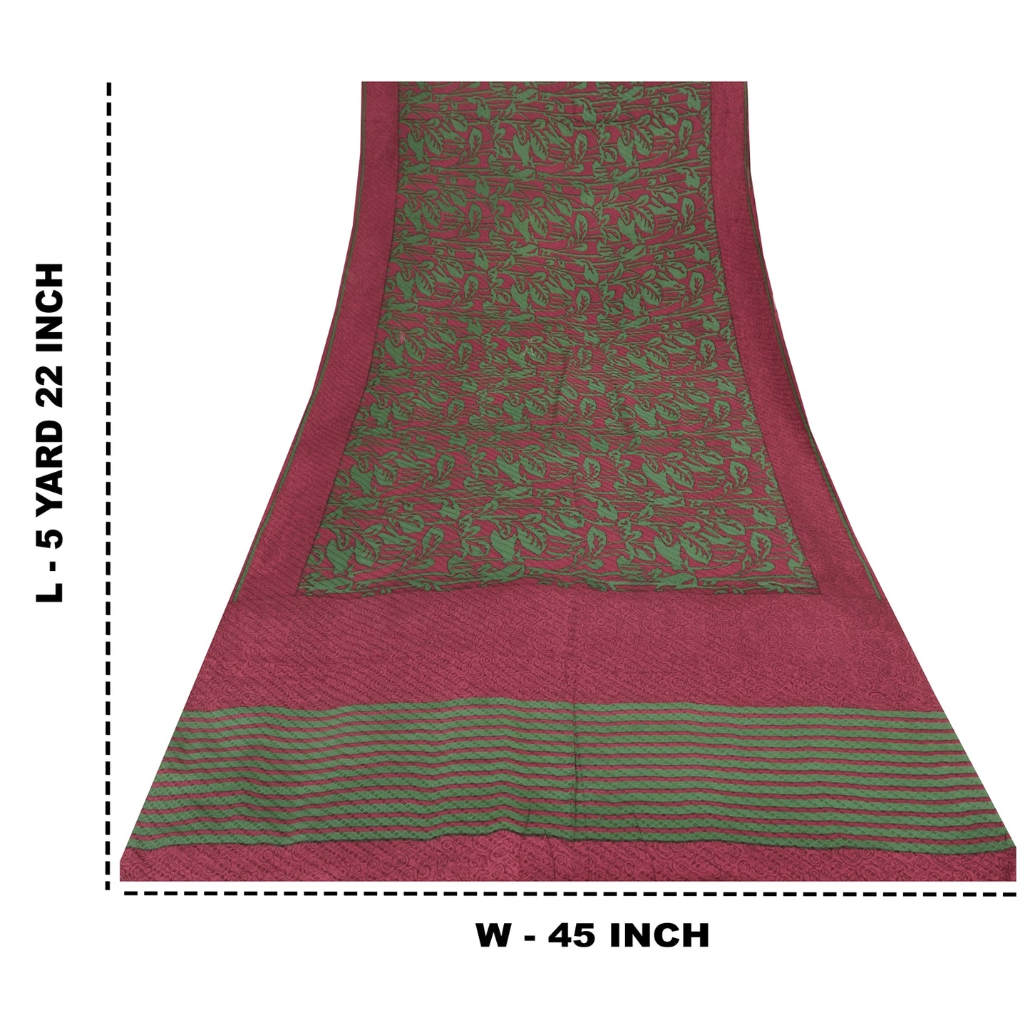 Sanskriti Vintage Sarees Red/Green Pure Crepe Silk Print Sari 5+yd Craft Sustainable Fabric