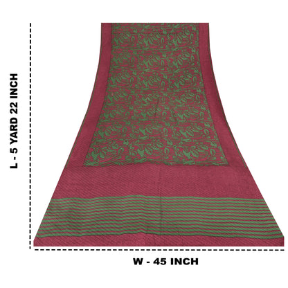 Sanskriti Vintage Sarees Red/Green Pure Crepe Silk Print Sari 5+yd Craft Sustainable Fabric