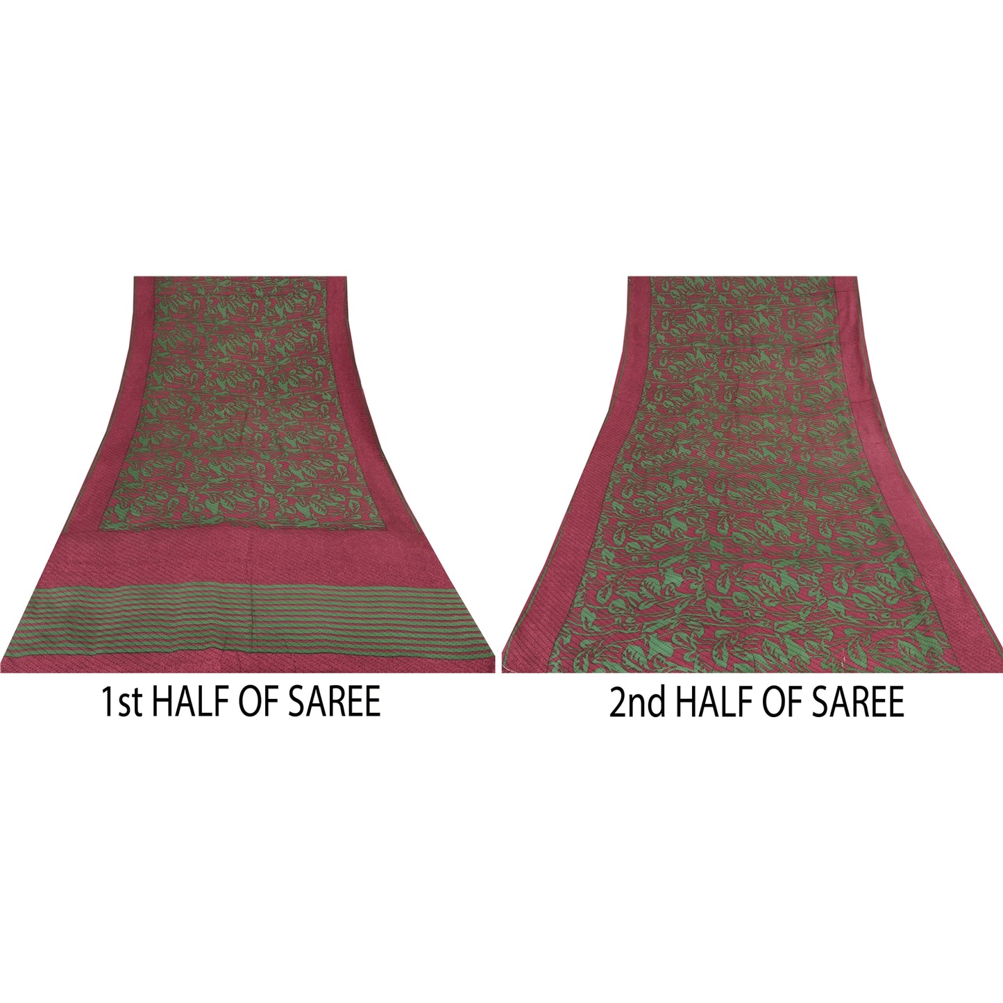 Sanskriti Vintage Sarees Red/Green Pure Crepe Silk Print Sari 5+yd Craft Sustainable Fabric