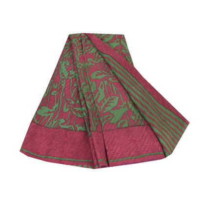 Sanskriti Vintage Sarees Red/Green Pure Crepe Silk Print Sari 5+yd Craft Sustainable Fabric