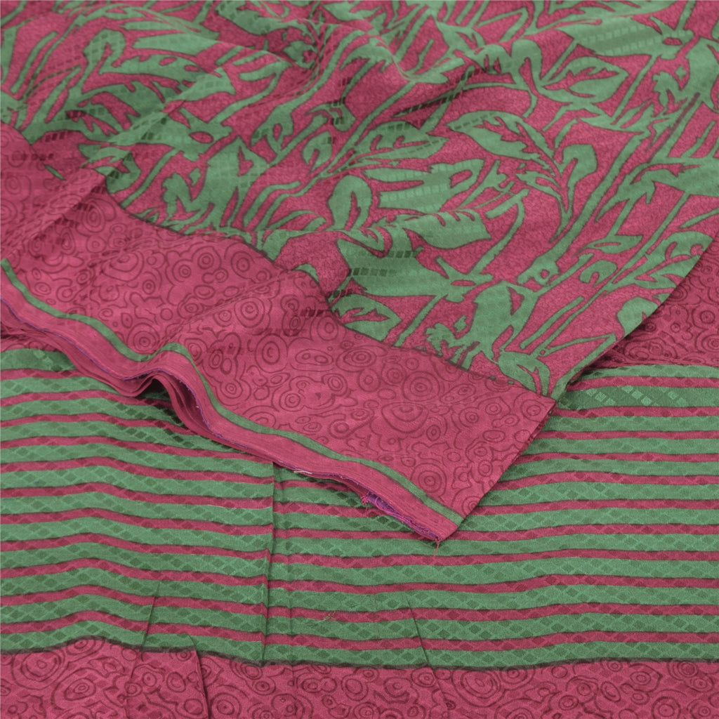 Sanskriti Vintage Sarees Red/Green Pure Crepe Silk Print Sari 5+yd Craft Sustainable Fabric