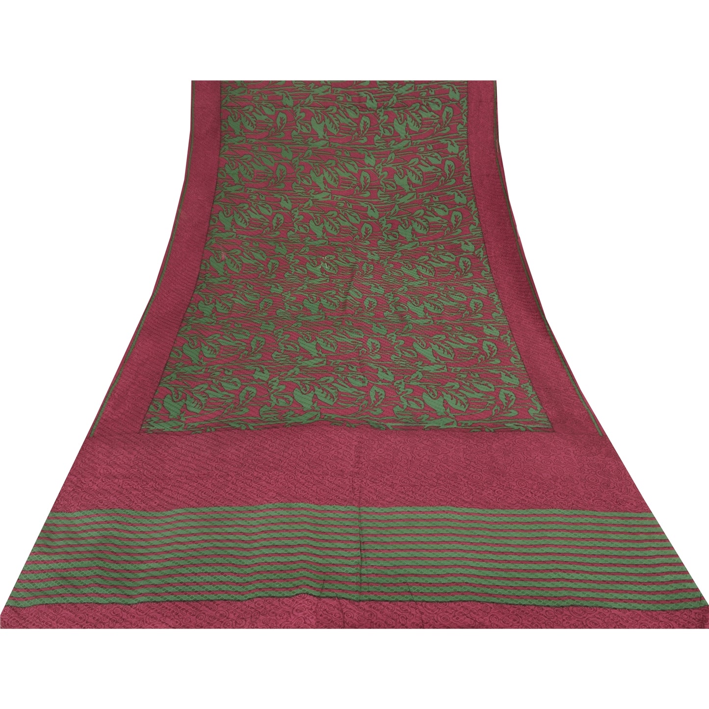 Sanskriti Vintage Sarees Red/Green Pure Crepe Silk Print Sari 5+yd Craft Sustainable Fabric