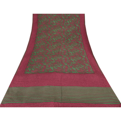 Sanskriti Vintage Sarees Red/Green Pure Crepe Silk Print Sari 5+yd Craft Sustainable Fabric