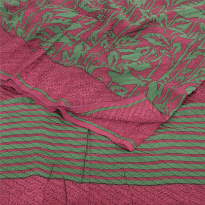 Sanskriti Vintage Sarees Red/Green Pure Crepe Silk Print Sari 5+yd Craft Sustainable Fabric