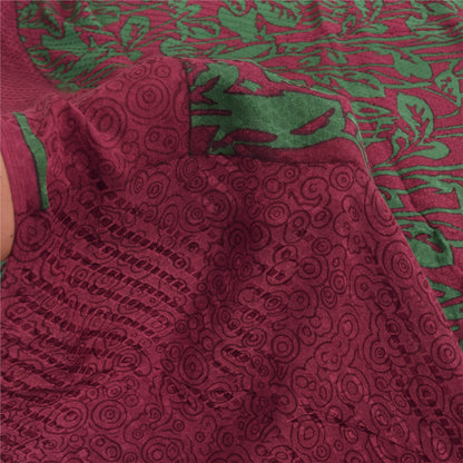 Sanskriti Vintage Sarees Red/Green Pure Crepe Silk Print Sari 5+yd Craft Sustainable Fabric