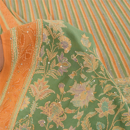 Sanskriti Vintage Saree Green Pure Crepe Hand Embroidery Kantha-Print Sari 5.5YD
