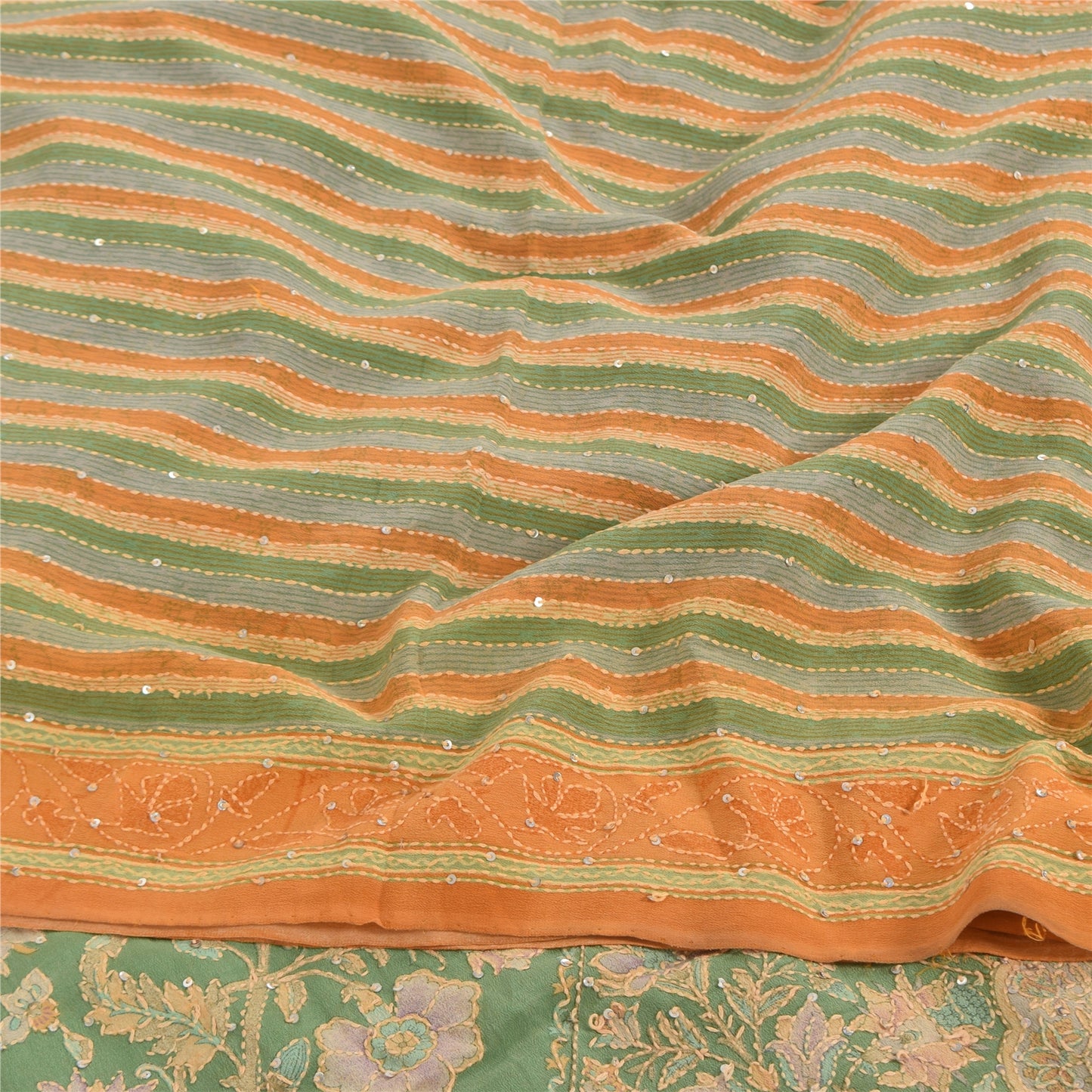 Sanskriti Vintage Saree Green Pure Crepe Hand Embroidery Kantha-Print Sari 5.5YD