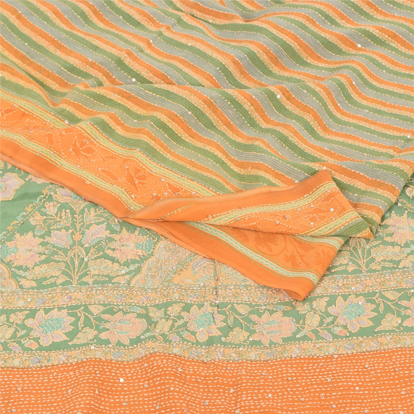 Sanskriti Vintage Saree Green Pure Crepe Hand Embroidery Kantha-Print Sari 5.5YD