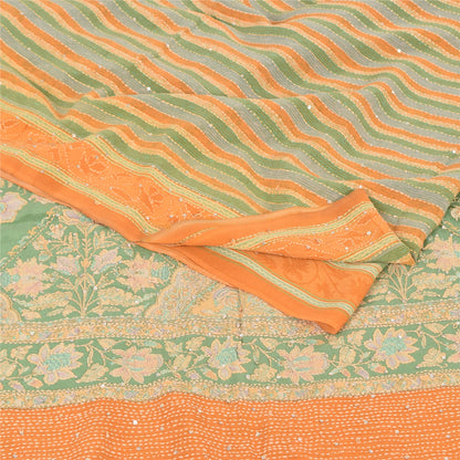 Sanskriti Vintage Saree Green Pure Crepe Hand Embroidery Kantha-Print Sari 5.5YD