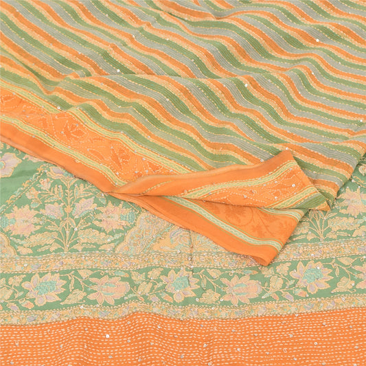 Sanskriti Vintage Saree Green Pure Crepe Hand Embroidery Kantha-Print Sari 5.5YD
