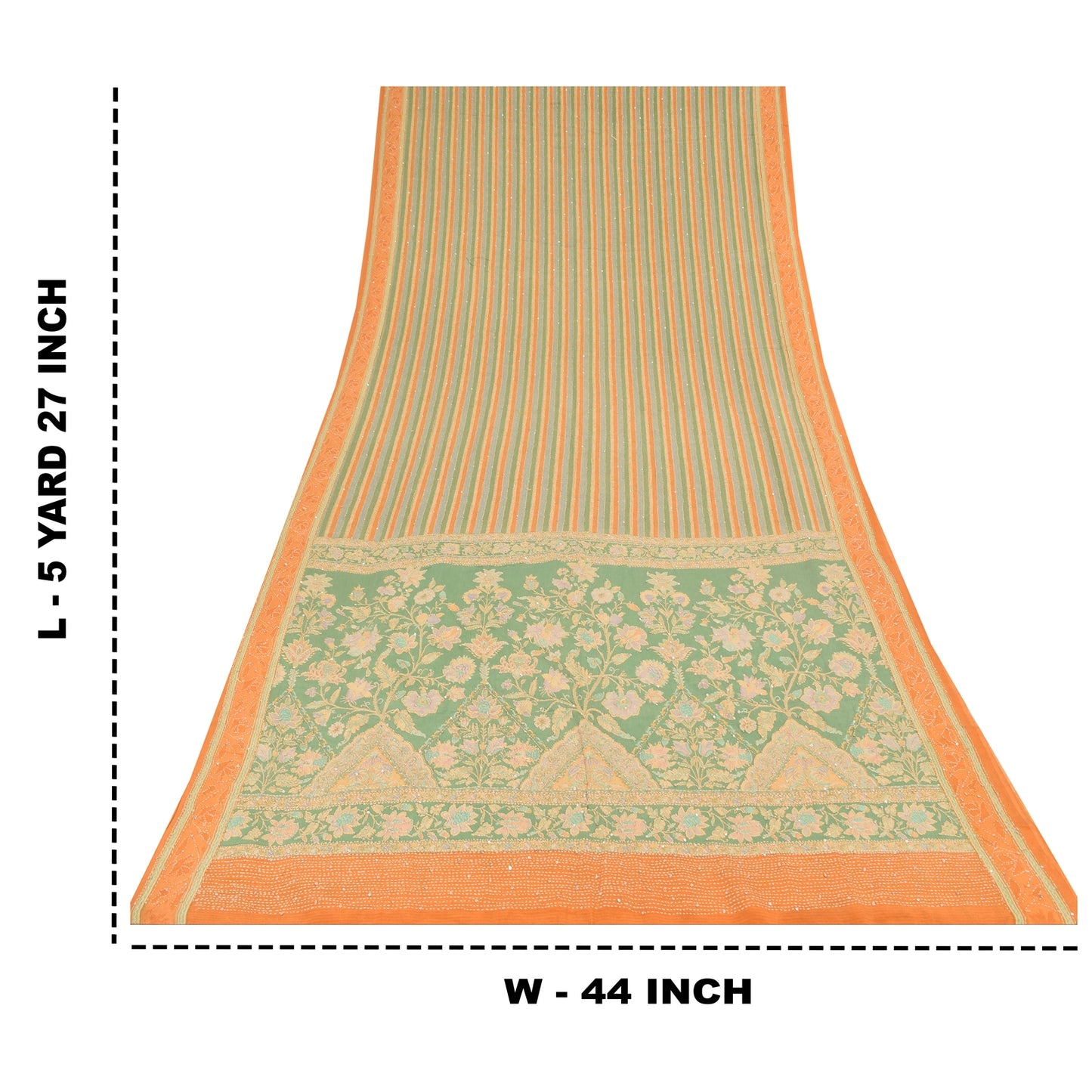 Sanskriti Vintage Saree Green Pure Crepe Hand Embroidery Kantha-Print Sari 5.5YD